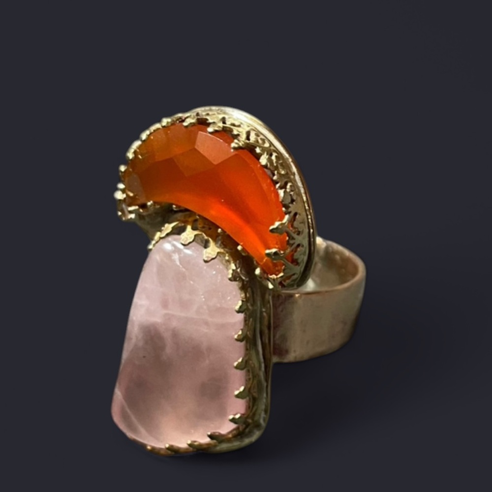Rose Quartz & Carnelian Moon Gemstone + Brass Ring (6.5)